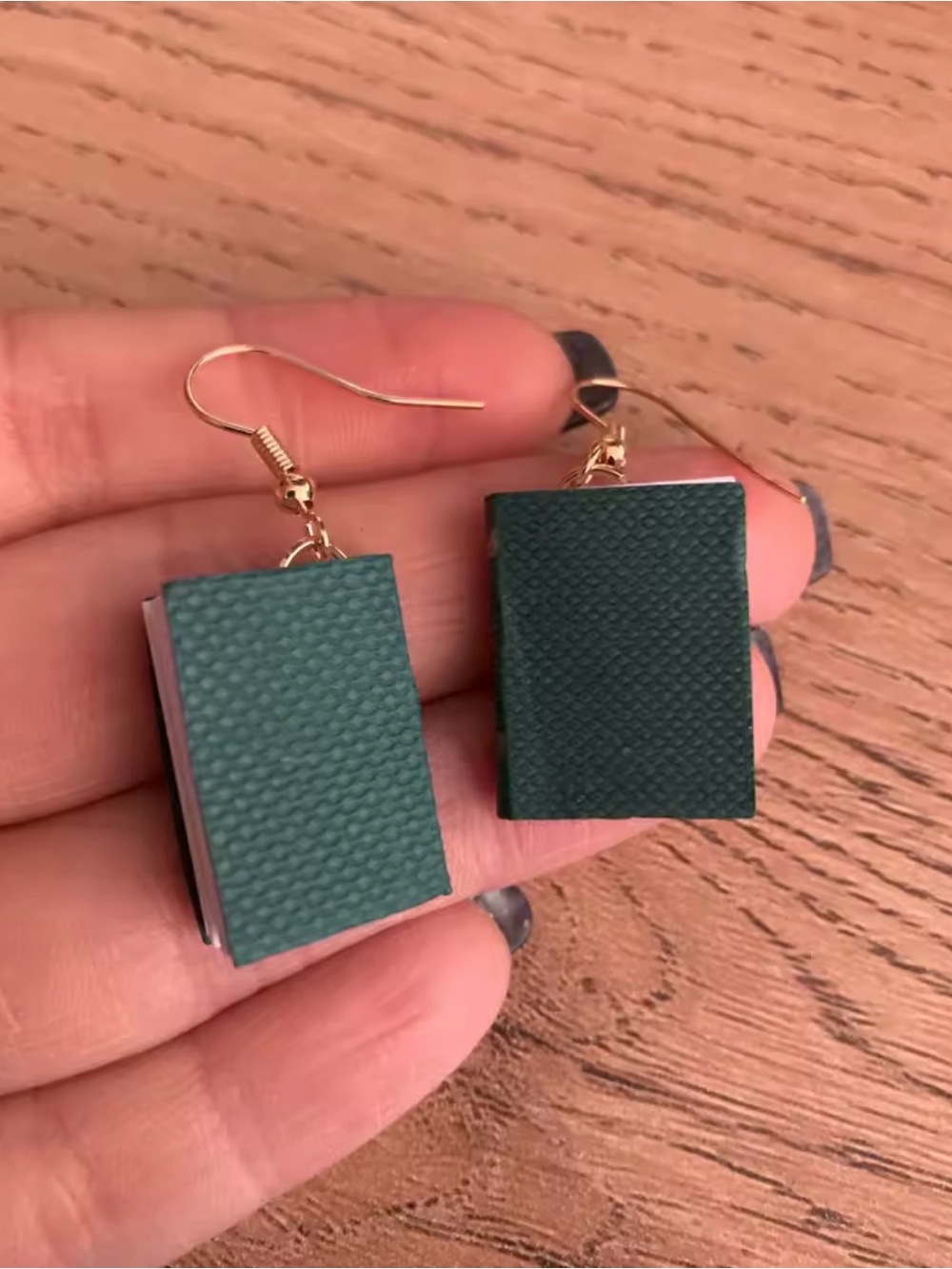 Mini Book Drop Earrings in Forest Green - Picture 2 of 6